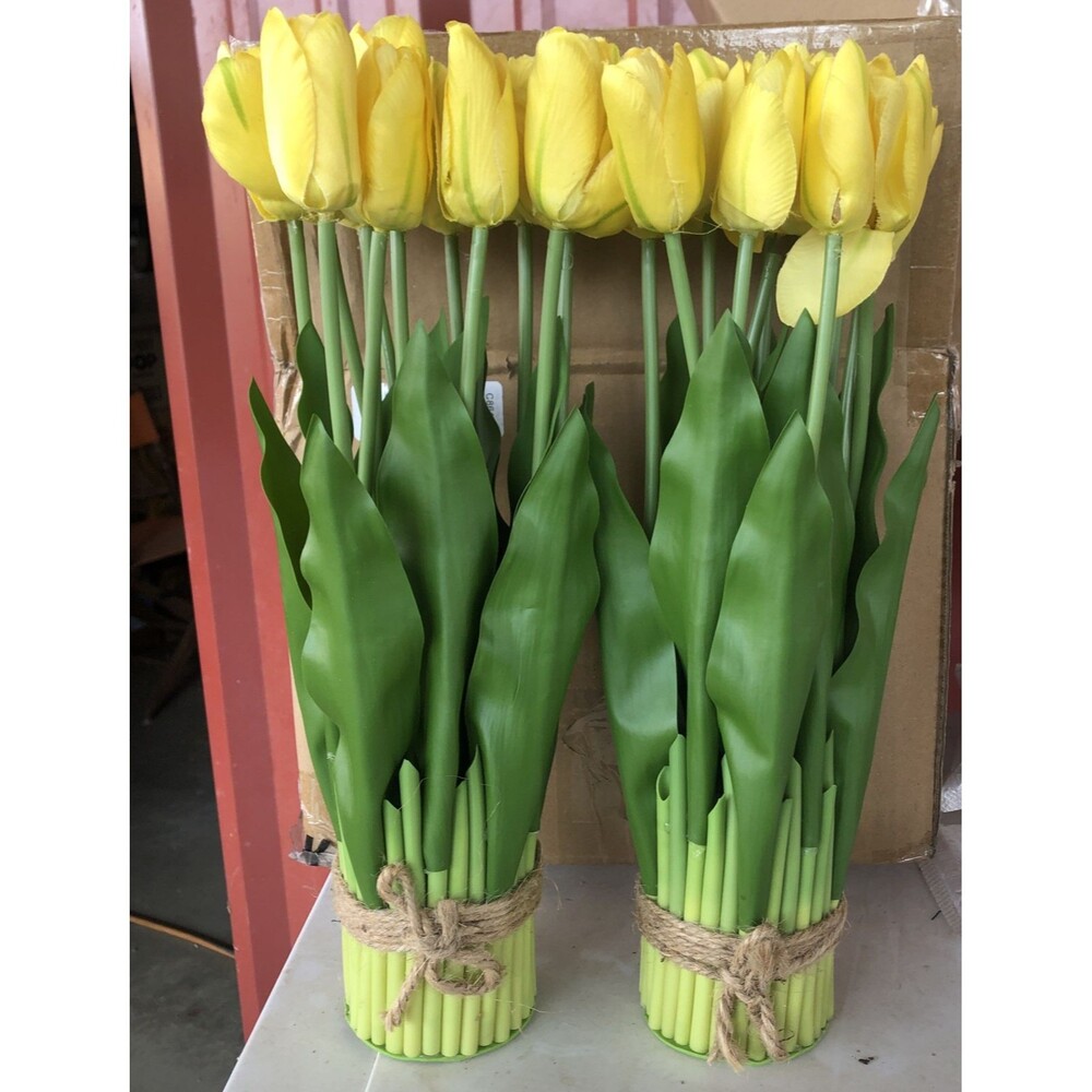Set of 2 Artificial Yellow Tulip Standing Bunch 14" Natural Looking NEW!
